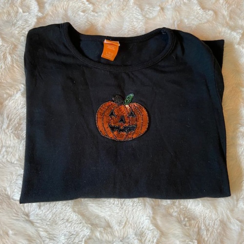 2/$30 Circo Black Halloween Sequin Pumpkin Shirt Girls Size 10/12